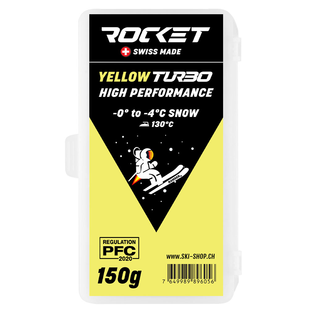 Verpackung Rocket HF Yellow High Performance Skiwachs, 150g, für -0° bis -4°C Schnee. Mit Skifahrer-Illustration.