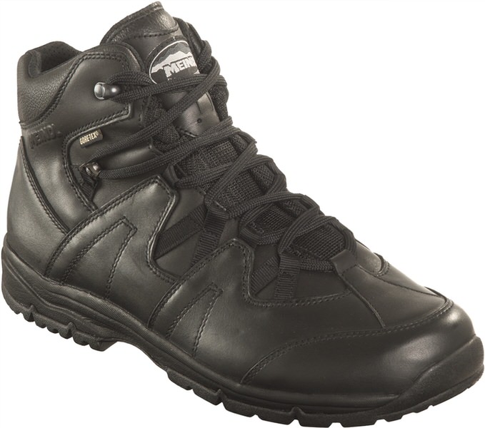 Schwarzer Meindl Police Trek Men GTX Stiefel aus Leder mit Gore-Tex Futter, knöchelhoch mit Schnürsenkel.
