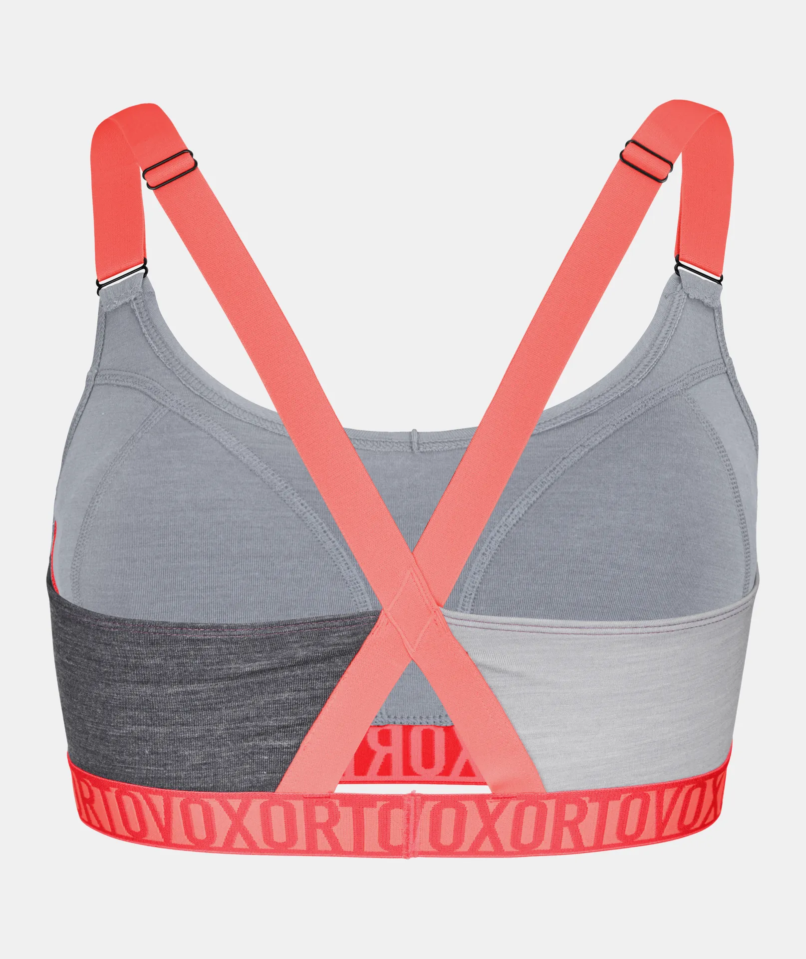 Grey sports top with crossed, adjustable, coral-colored straps, back view.