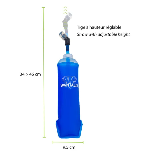 Gourde bleue du gilet d'hydratation Running avec tuyau d'hydratation et indications de mesure pour la hauteur et la largeur.