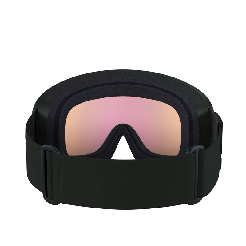 Schwarze Skibrille mit Rose Schwarze POC Fovea Clarity Skibrille mit rosafarbener verspiegelter Scheibe in Frontansicht.