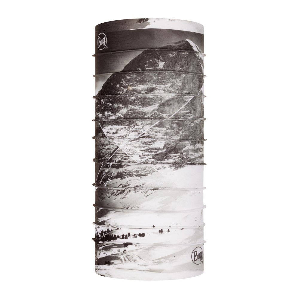 Buff Original "Jungfrau" mit Bergmotiv in Schwarz-Weiß, verschneite Gipfel und Waldlandschaft.