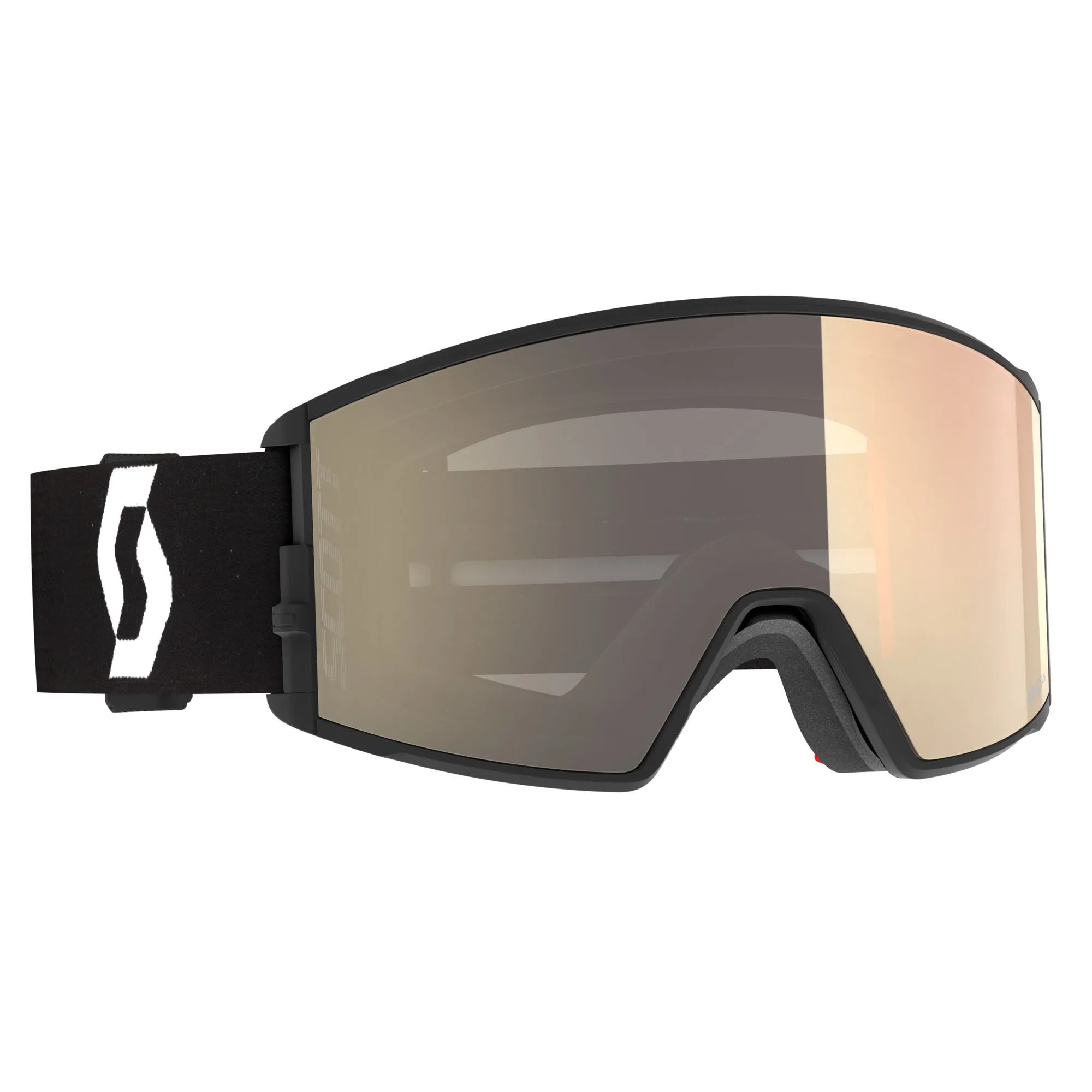 Occhiali da sci Scott neri con lenti sensibili alla luce color oro e cinturino nero con logo Scott bianco.