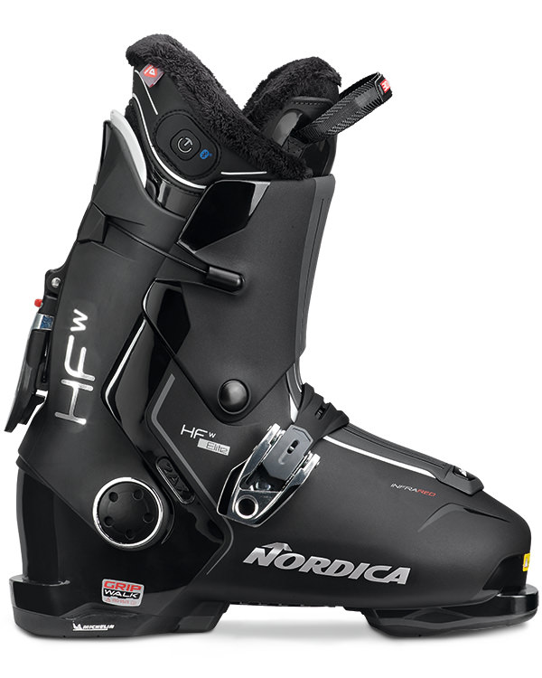 Black Nordica HF 100 GW Heat ski boot with warm lining, side view.