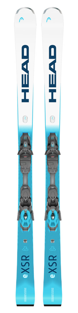 Weiß-blaue Ski, HEAD Worldcup Rebels e.XSR, mit grauen Bindungen. Die Ski stehen senkrecht und sind parallel ausgerichtet.