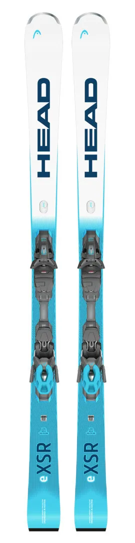 White-blue skis, HEAD Worldcup Rebels e.XSR, with gray bindings. The skis are vertical and parallel.
