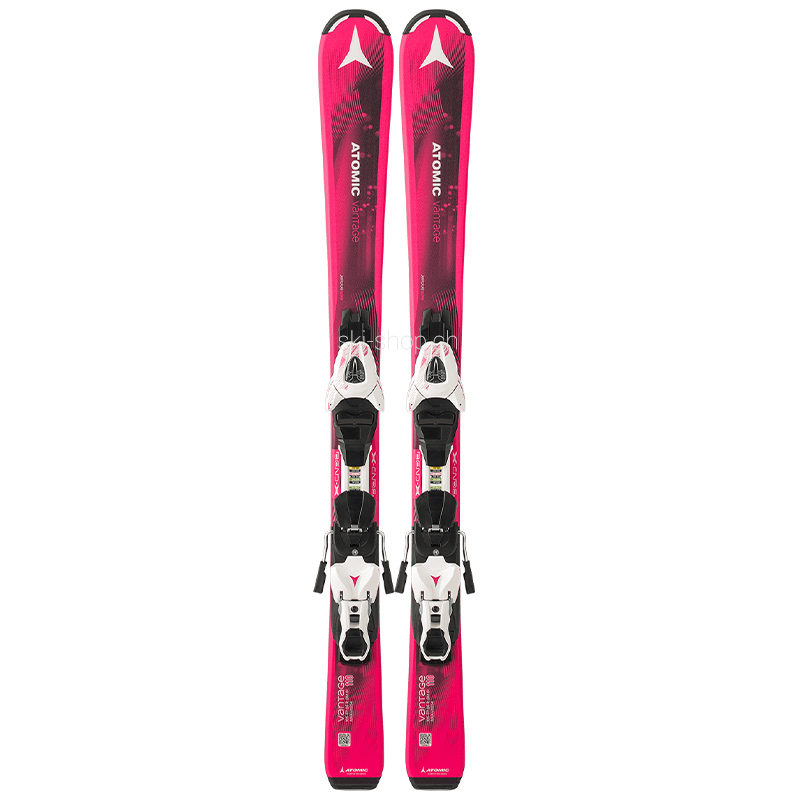 Rosa Atomic Vantage Girl Ski-Set mit montierter Bindung.