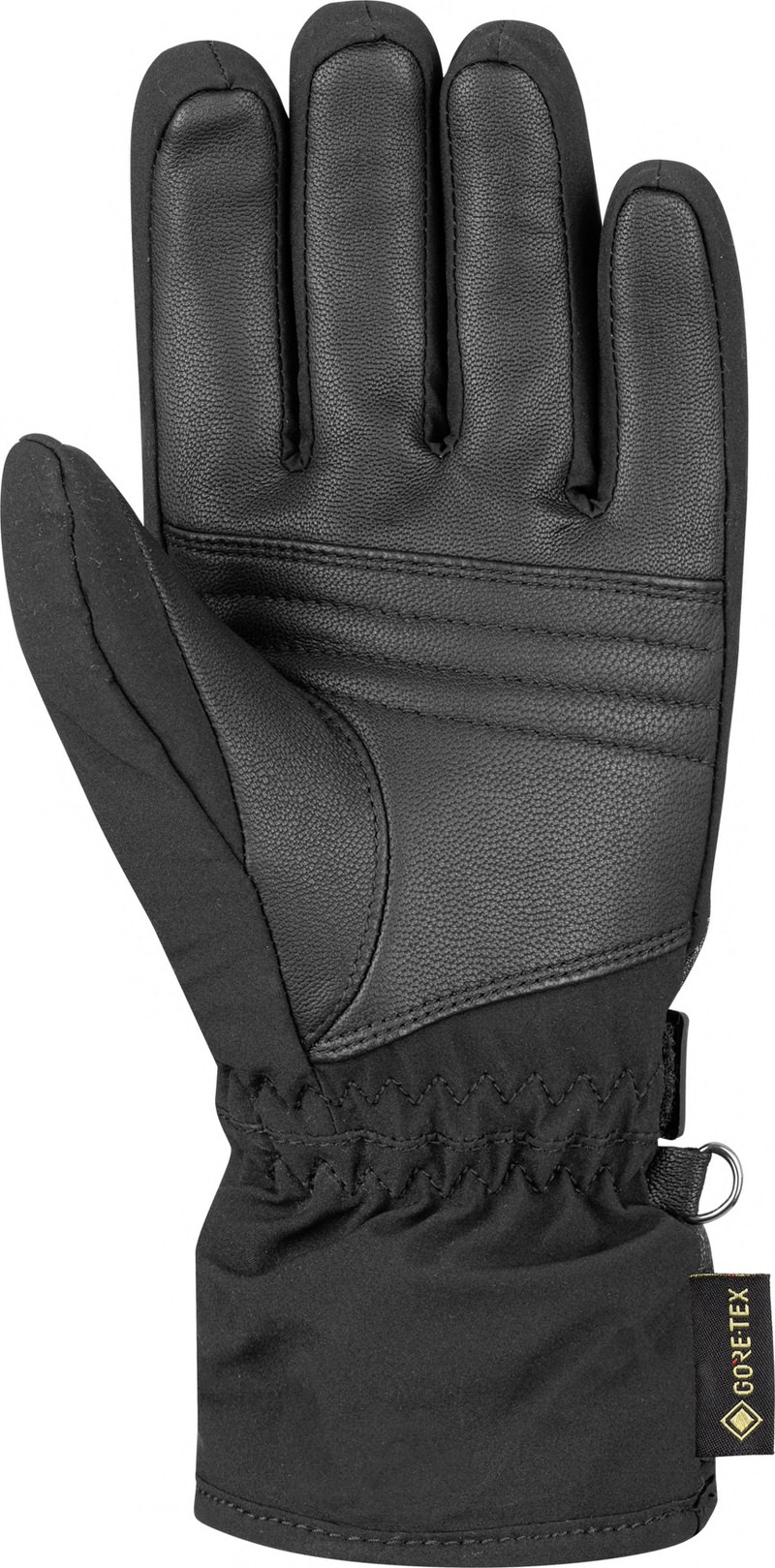 Schwarzer Reusch Alexa GTX Skihandschuh, Handinnenfläche aus Leder, Gore-Tex Fähnchen am Handgelenk, Detailaufnahme.