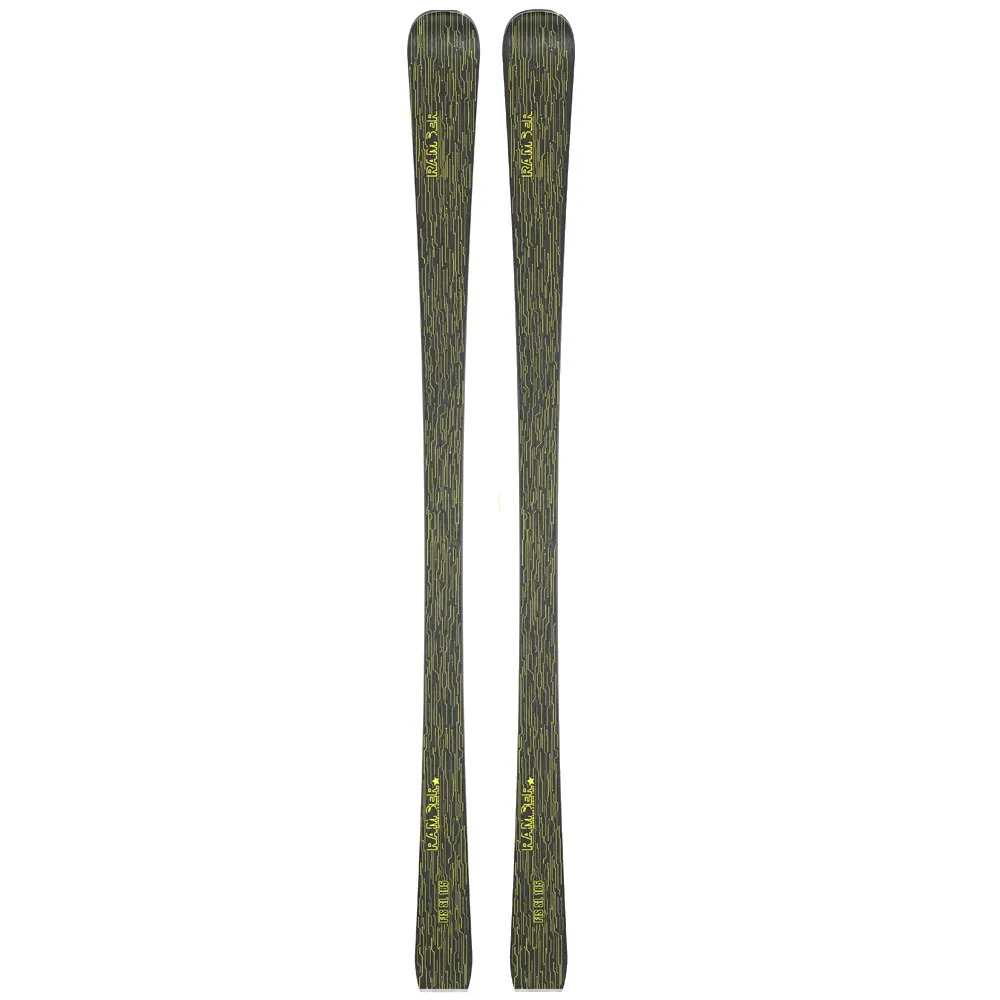 Ski Ramser FIS SL, in pairs, from above, with dark pattern and yellow lettering, in the online store against a neutral background.