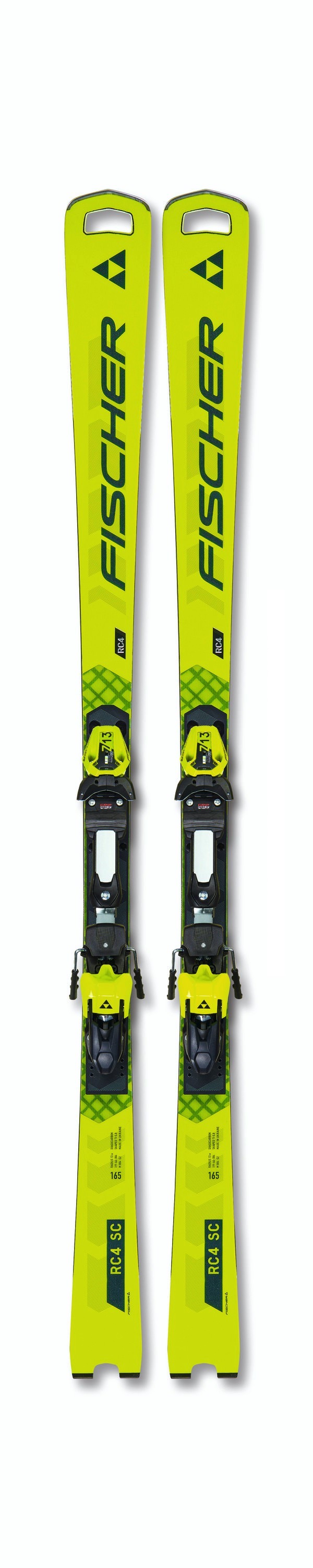 Gelb-grüne RC4 Worldcup SC Pro Ski mit Z13 Bindung von Fischer, Frontansicht.