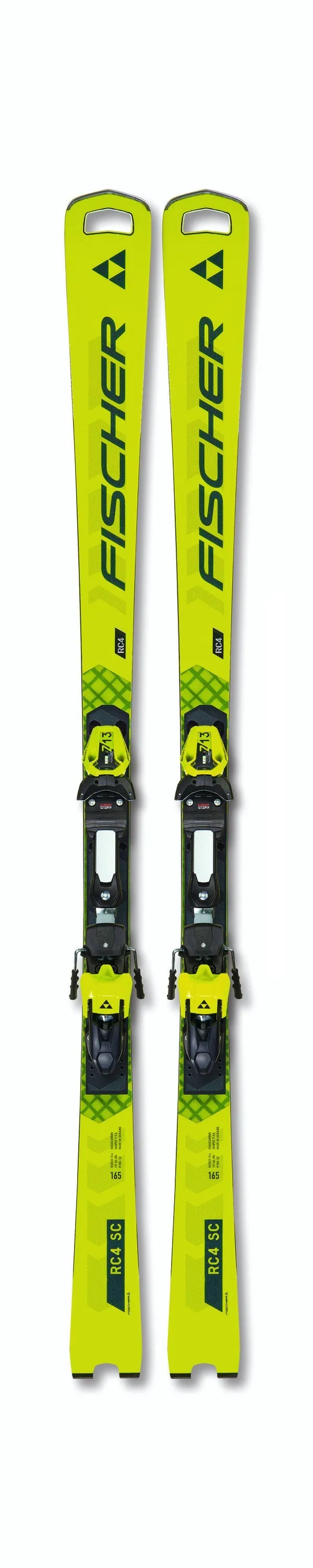 Gelb-grüne RC4 Worldcup SC Pro Ski mit Z13 Bindung von Fischer, Frontansicht.