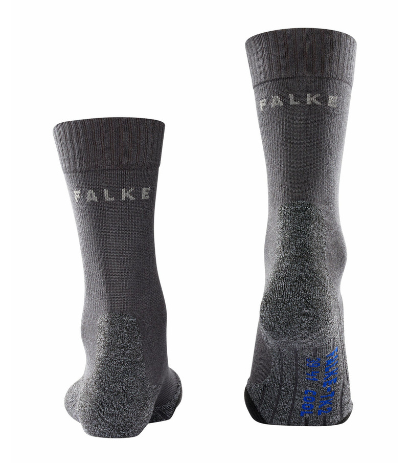 Chaussettes de trekking grises TK2 Cool pour hommes, Falke-Logo, rembourrage moyen. Vue arrière.
