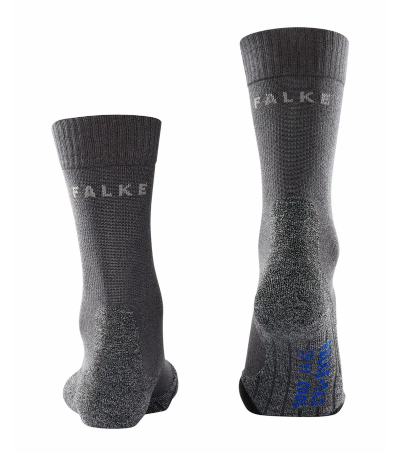 Chaussettes de trekking grises TK2 Cool pour hommes, Falke-Logo, rembourrage moyen. Vue arrière.