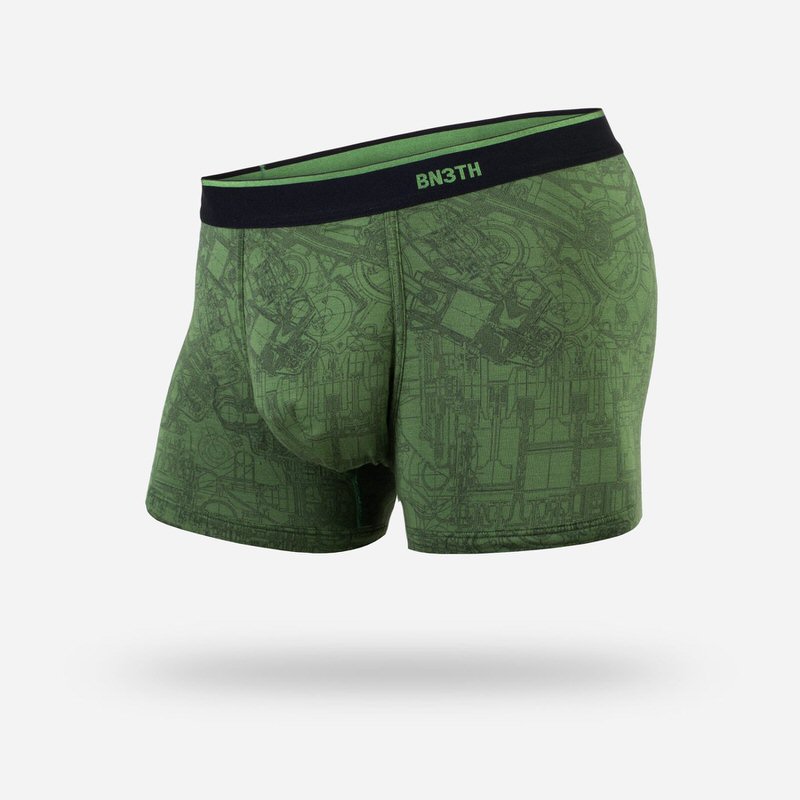Grüne BN3TH Trunk Unterhose Grüne BN3TH Classic Trunk Unterhose mit schwarzem Bund und Muster technischer Zeichnungen.