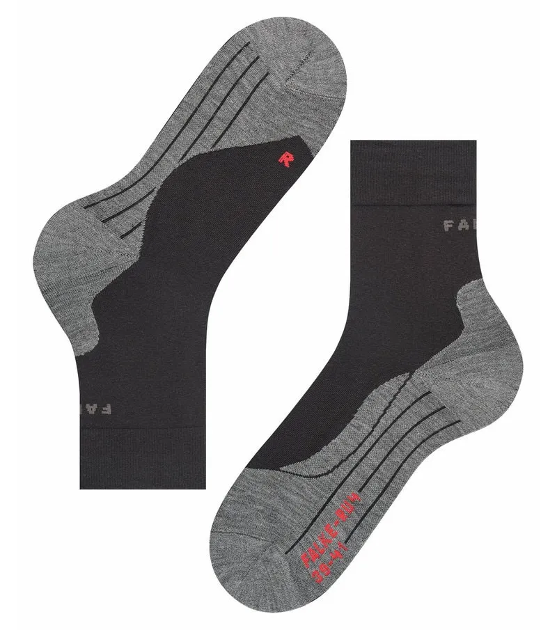 Two black RU4 men's running socks, some with gray trim, next to each other.