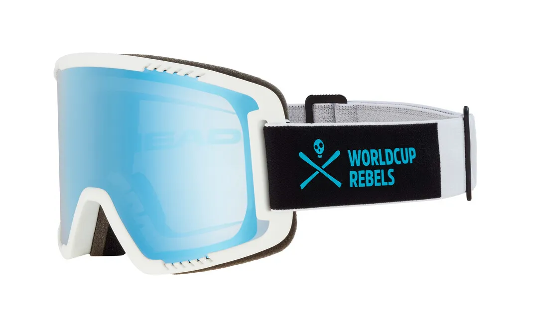 Weiße Ski-Brille Head Contex Photo mit bläulicher Linse und grauem Band mit "Worldcup Rebels" Aufdruck.