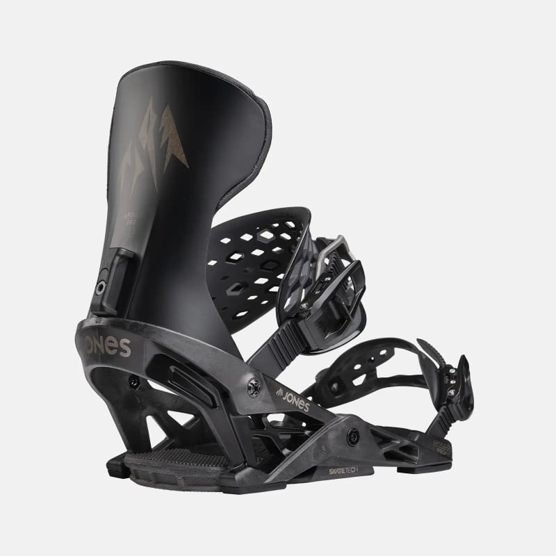 Dark gray snowboard binding Dark gray Jones Apollo Pro snowboard binding, side view. Focus on highback, straps and baseplate.