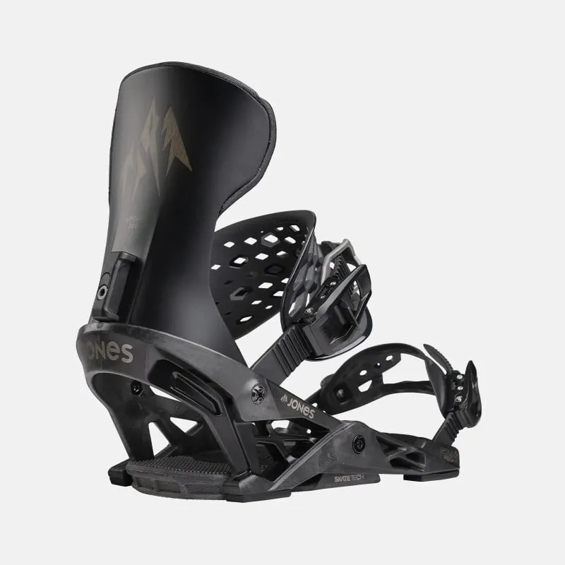 Dunkelgraue Jones Apollo Pro Snowboardbindung, seitliche Ansicht. Fokus auf Highback, Straps und Baseplate.