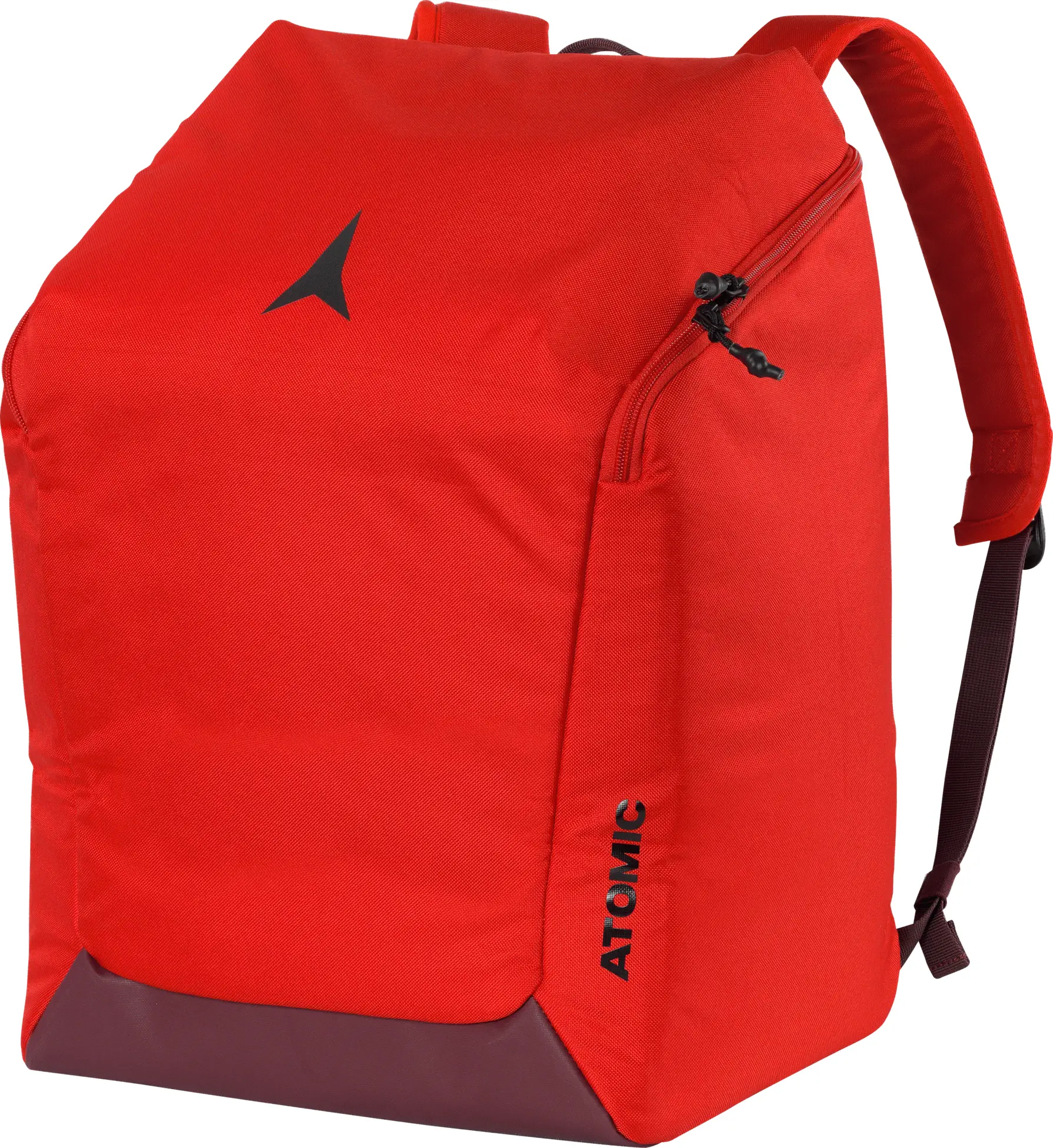 Roter Rucksack mit schwarzem Logo und Reißverschluss. Er hat braune Akzente unten und an den Schultergurten.