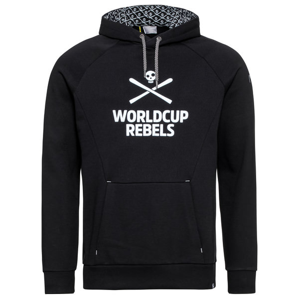 Schwarzer Hoodie mit Kapuze, Kordelzug und weißem "Worldcup Rebels"-Logo mit Totenkopf und gekreuzten Skiern.