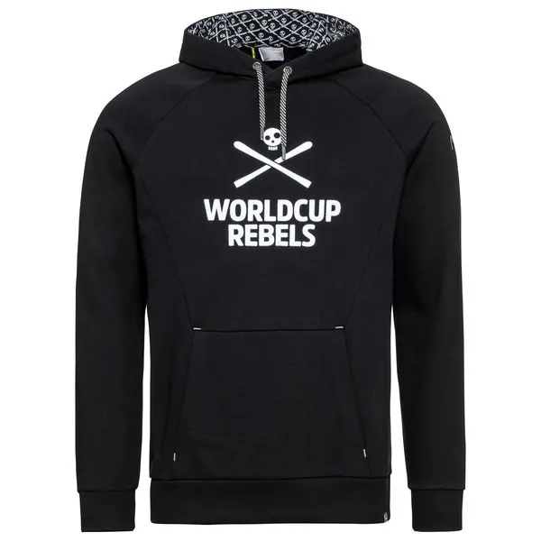 Schwarzer Hoodie mit Kapuze, Kordelzug und weißem "Worldcup Rebels"-Logo mit Totenkopf und gekreuzten Skiern.