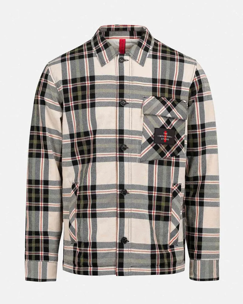 Checked jacket in beige, black, green and red with breast pocket and black "THE STUDIO" label.