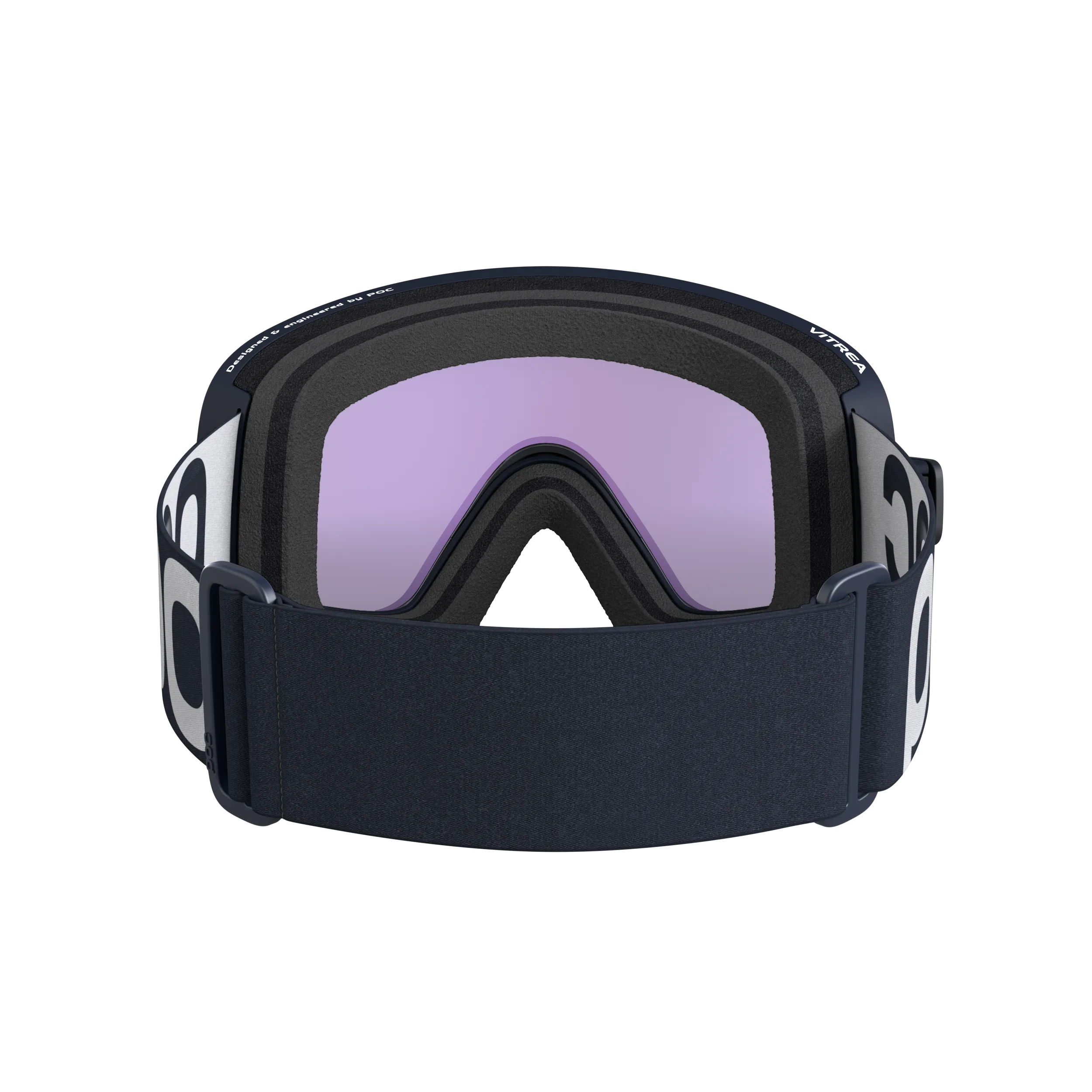 Vue de face des lunettes de ski POC Vitrea en Apatite Navy avec lentille Partly Sunny Blue et large bandeau foncé.