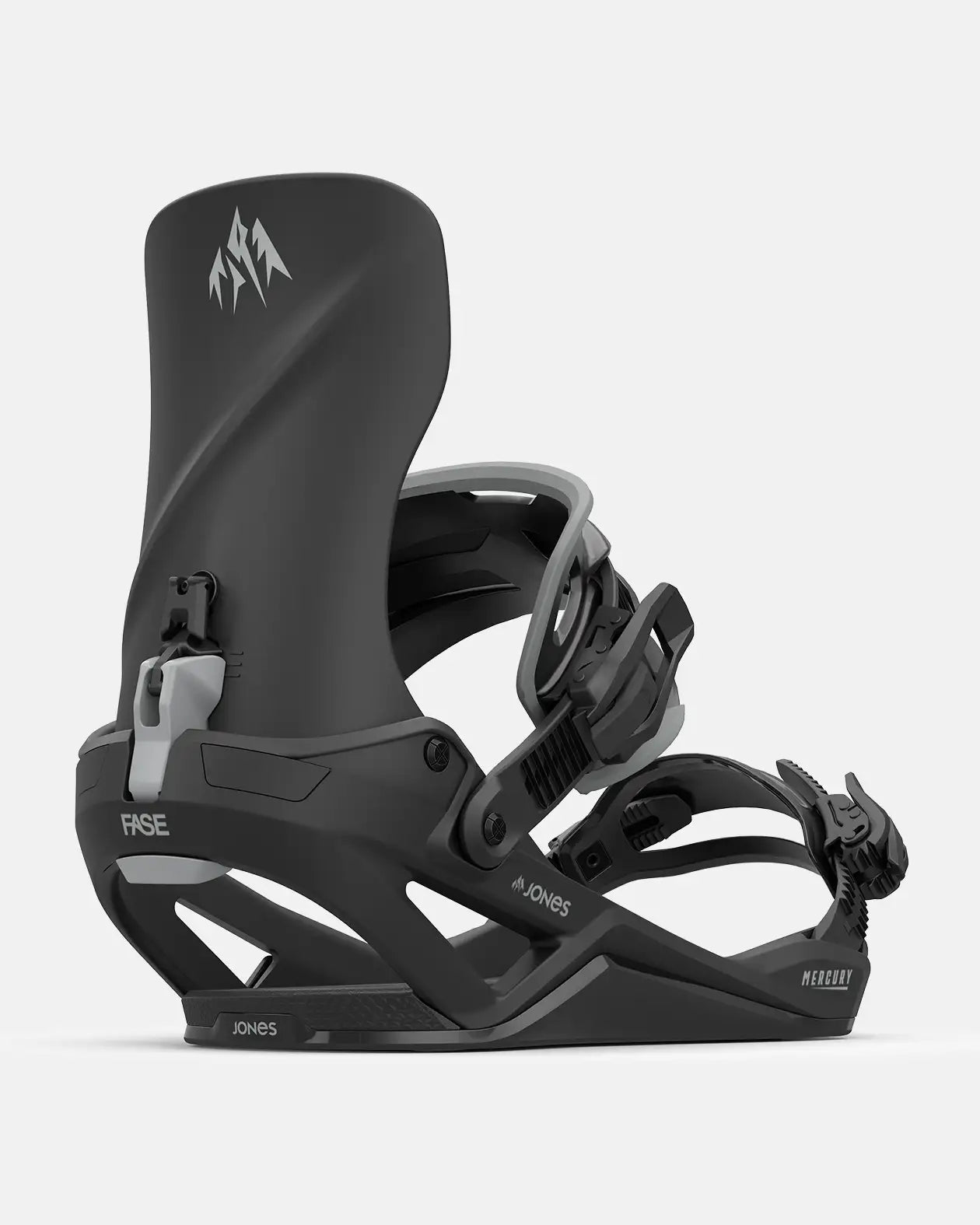 Eine Snowboardbindung der Marke Jones in Schwarz und Grau, die seitlich vor einem weißen Hintergrund dargestellt wird.