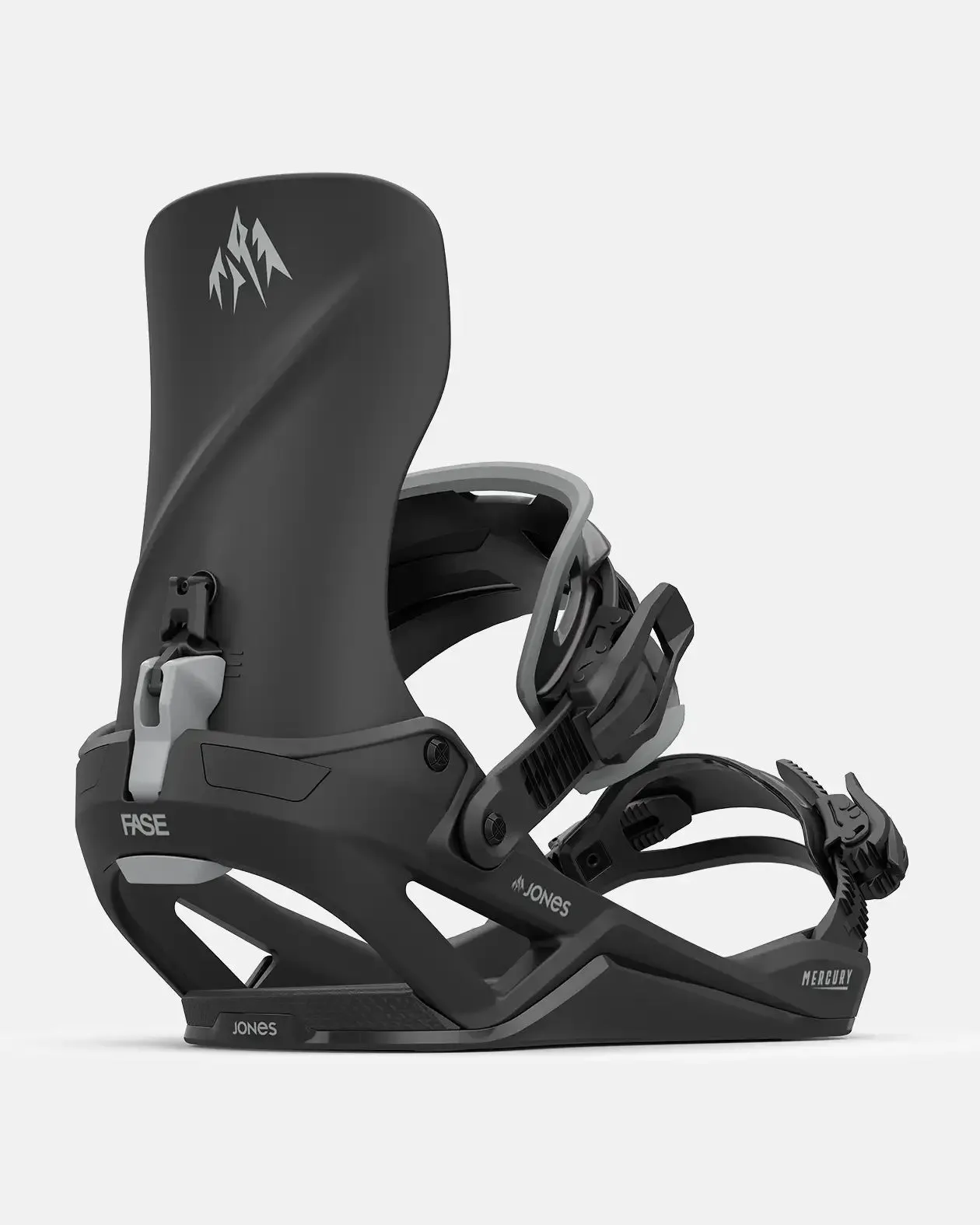 Eine Snowboardbindung der Marke Jones in Schwarz und Grau, die seitlich vor einem weißen Hintergrund dargestellt wird.