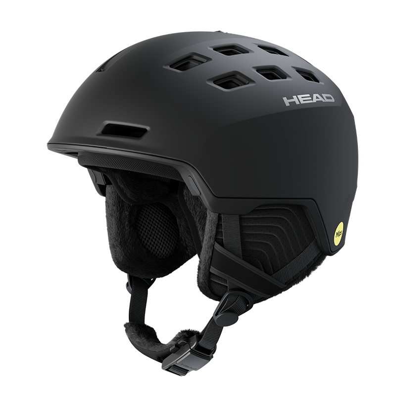 Schwarzer Head REV Mips Skihelm mit Belüftung und Ohrpolstern, seitliche MIPS Kennzeichnung.