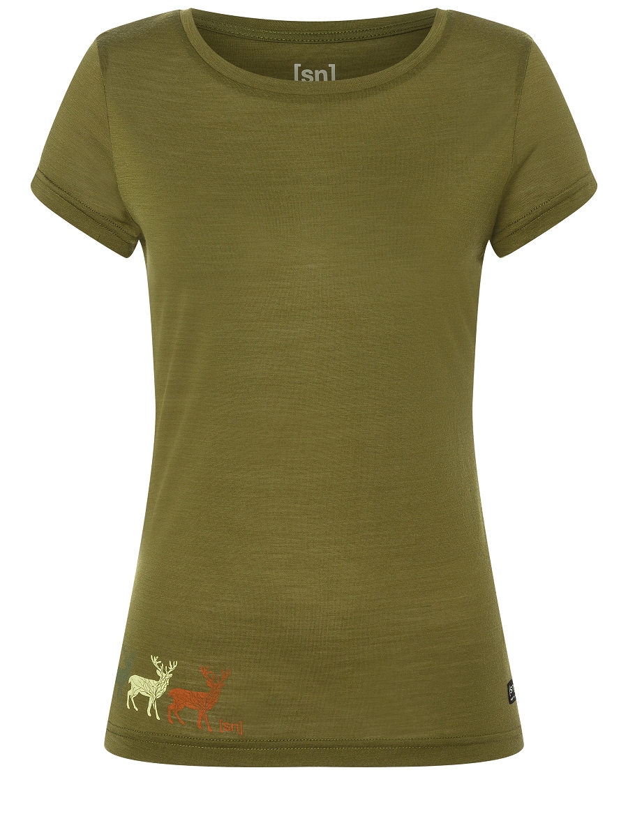 Avocado-farbenes Damen T-Shirt mit Rundhalsausschnitt und Hirsch-Motiv am unteren Saum.