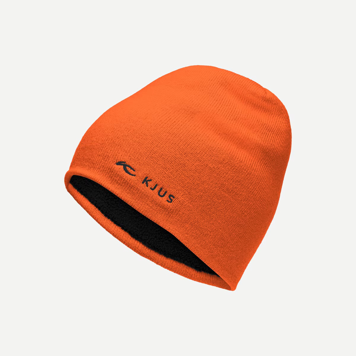 Orange knitted hat with black lining and "KJUS" lettering in dark blue on the left.
