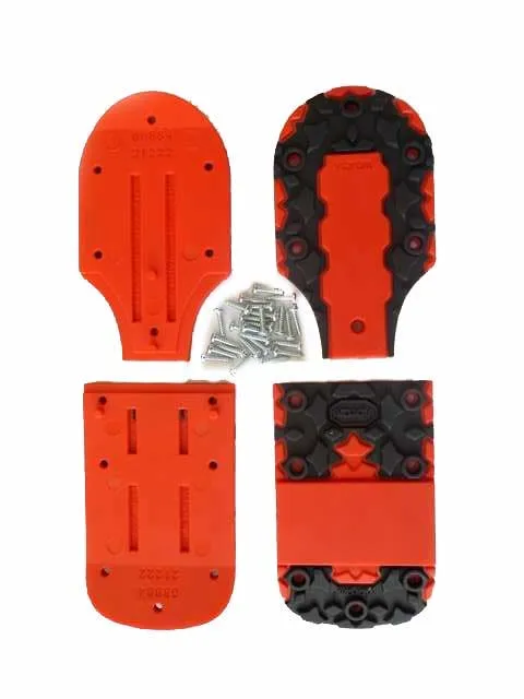 Kit de semelles Vibram orange Head Raptor avec vis pour chaussures de ski, le dessus et le dessous des semelles sont représentés.