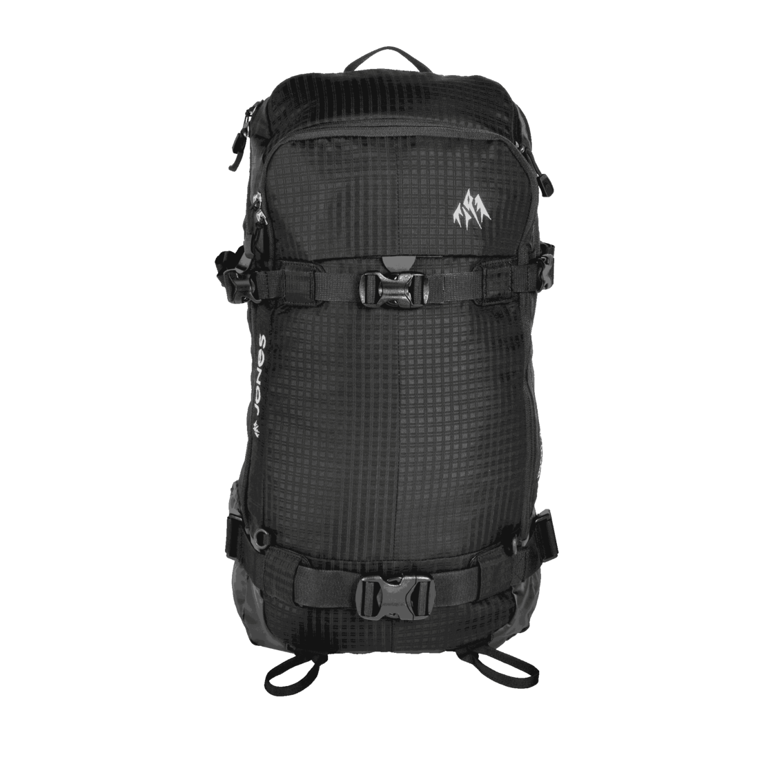 Schwarzer Rucksack 32L Schwarzer Jones DSCNT 32L Rucksack, frontal, mit Schnallen und Gurten, mit Logo oben rechts.