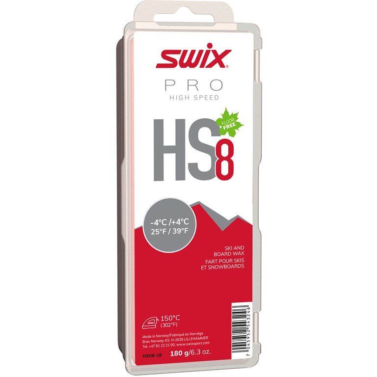 Verpackung von Swix HS8 Red Gleitwachs für Ski und Snowboards mit Temperaturangaben.