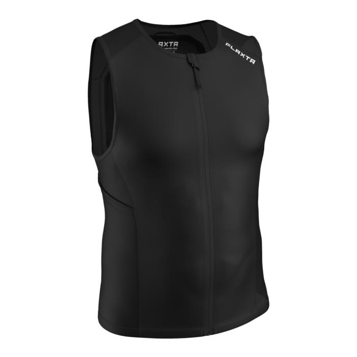 Schwarze Funktionsweste Schwarze, ärmellose Funktionsweste mit Reißverschluss und weißen Logos auf der Brust.