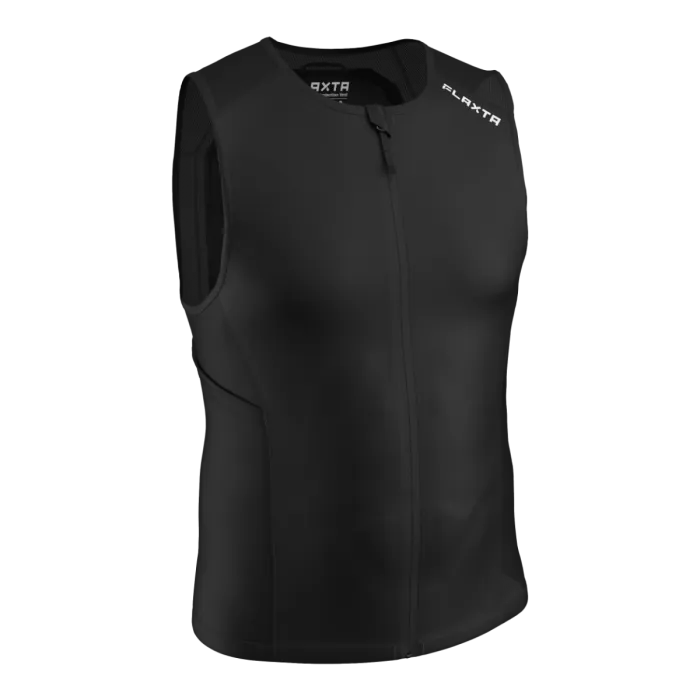 Black, sleeveless functional vest with zipper and white logos on the chest.