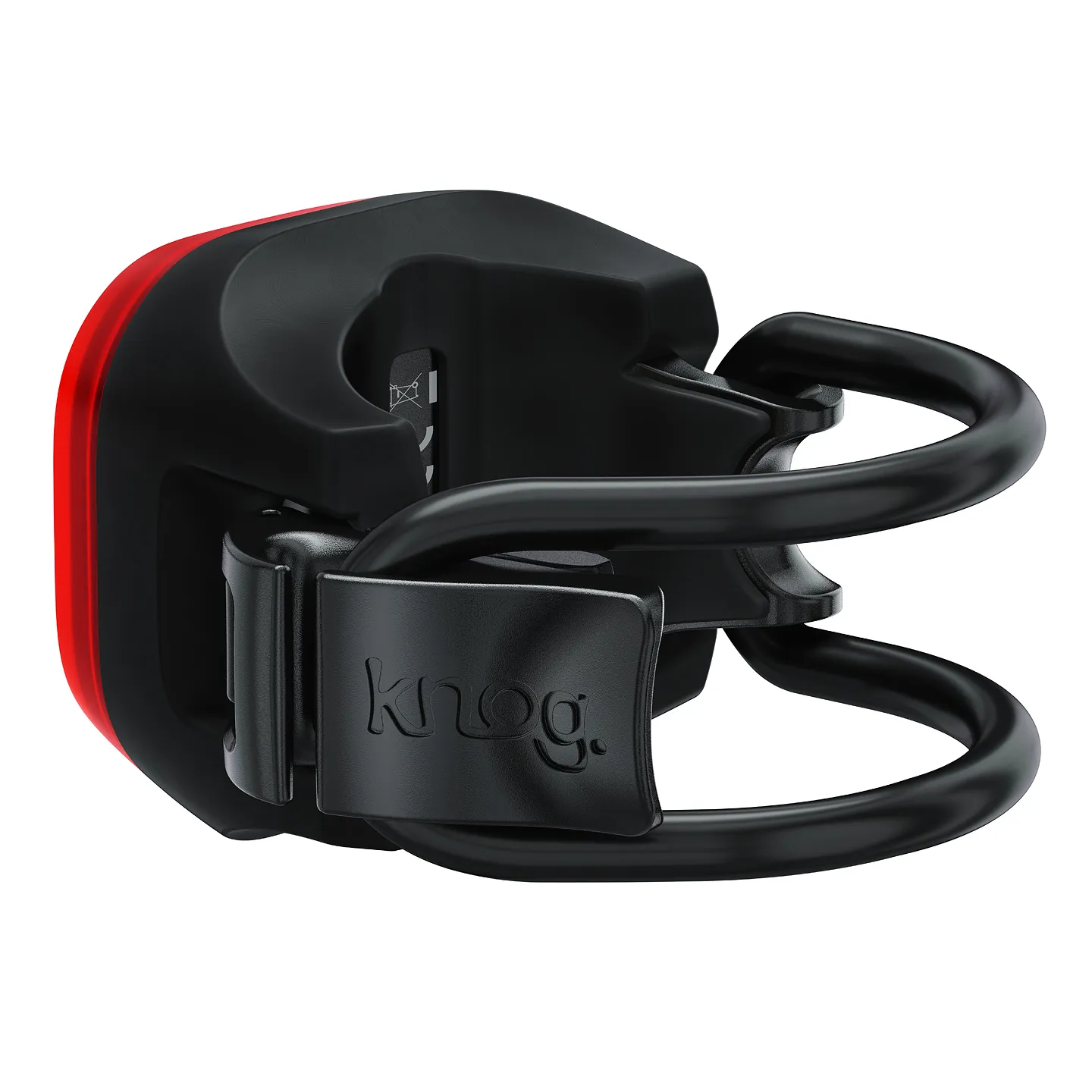 Feu arrière noir Knog Blinder Mini Skull avec bande lumineuse rouge et support flexible.