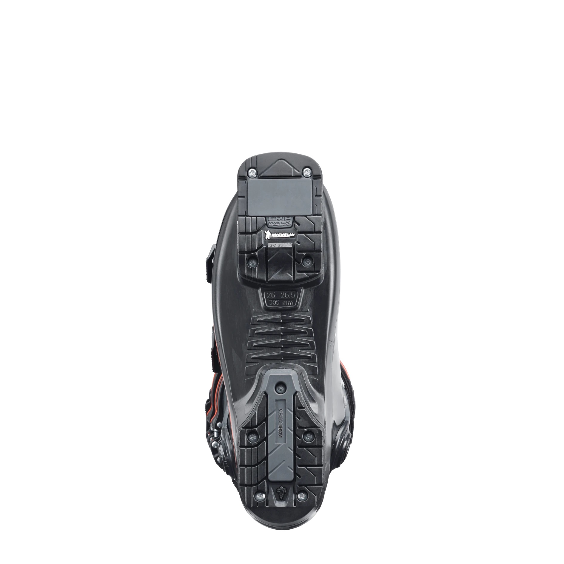Nahaufnahme der Rückseite eines schwarzen Skischuhs mit Michelin Gripwalk-Sohle. Sichtbar sind Details wie Sohlenprofil, Schrauben und Beschriftungen.