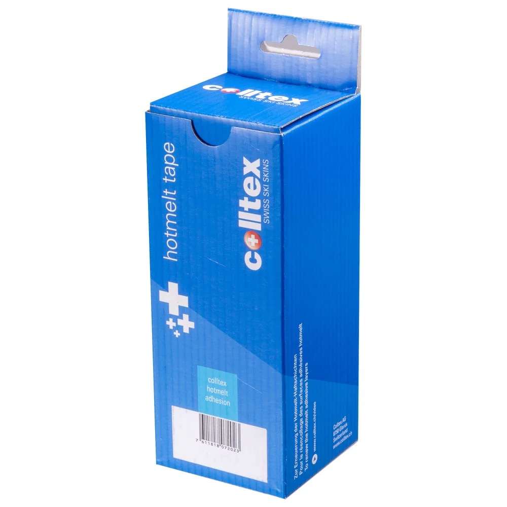 Blaue Verpackung des Colltex Hotmelt Tapes, vertikale Ausrichtung mit Text und Logos.