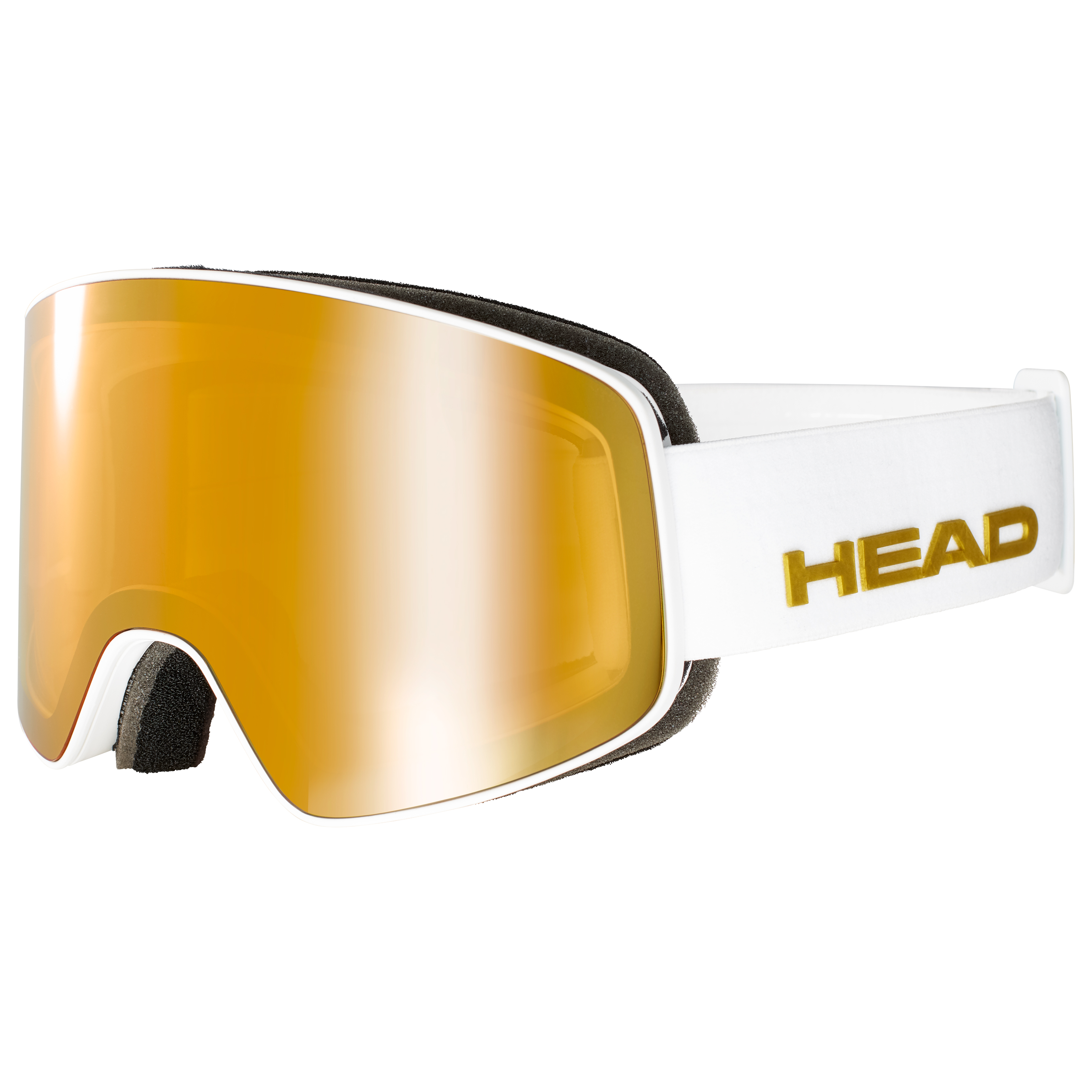 Weiße Head Horizon Premium Skibrille mit goldener Scheibe und schwarzem Schaumstoffpolster.