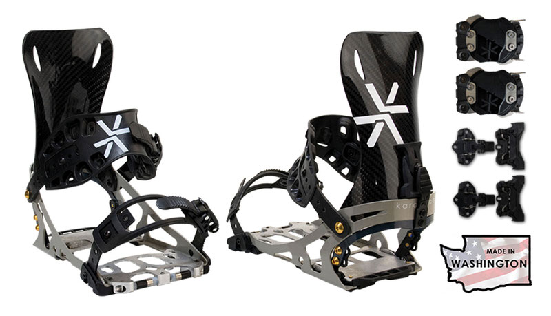 Zwei Karakoram Prime X-Carbon Splitboard-Bindungen und Split Interface, mit "Made in Washington"-Siegel.