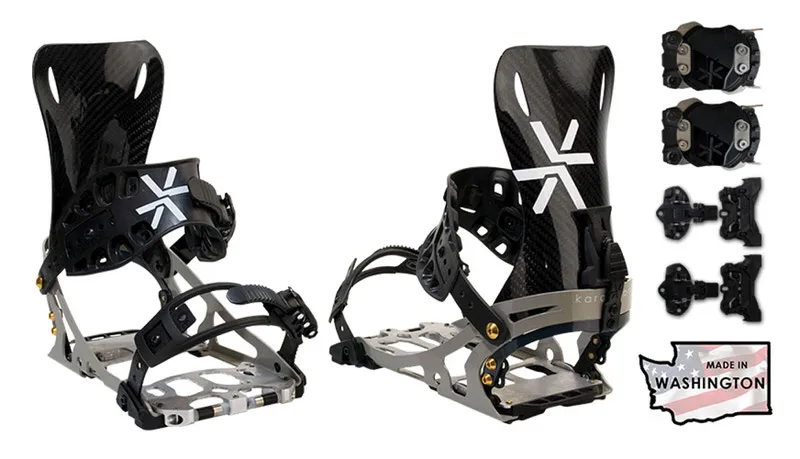 Two Karakoram Prime X-Carbon splitboard bindings and split interface, with "Made in Washington" seal.