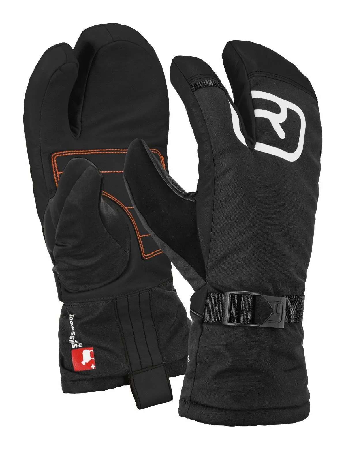 Zwei schwarze Ortovox Lobster Glove Pro SW Handschuhe, einer mit Logo und Handgelenksband.