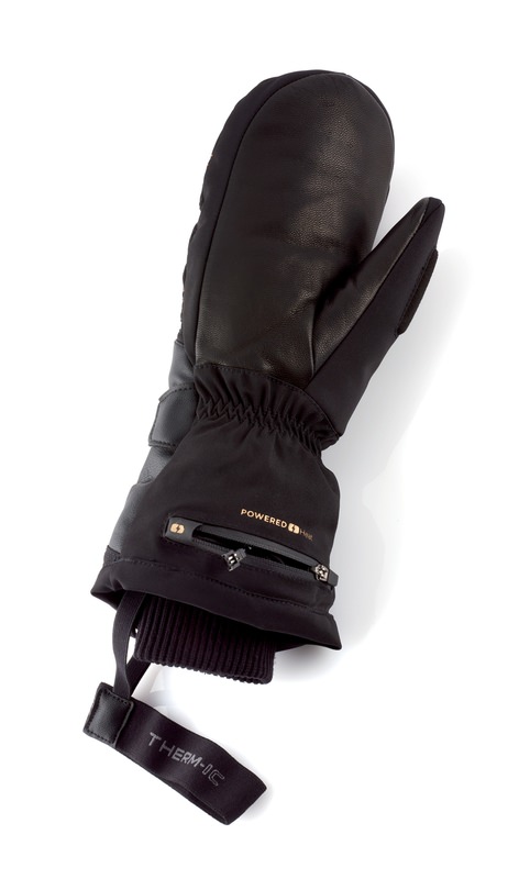 Moufles thermiques noires Moufles noires Therm-ic Ultra Heat pour femmes, avec cuir, fermeture éclair et logo de la marque.