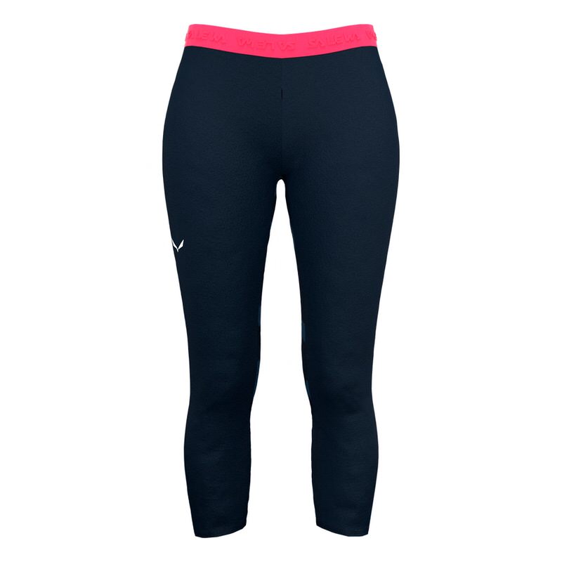 Marineblaue 3/4-Tight für Damen mit pinkfarbenem Bund und kleinem, weißem Salewa-Logo am linken Bein.