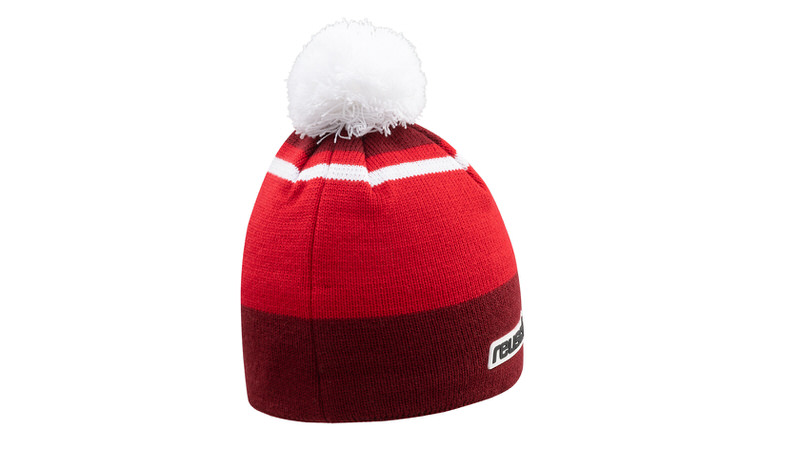 Rote Reusch Swiss-Ski Team Beanie mit Bommel und Streifenmuster.