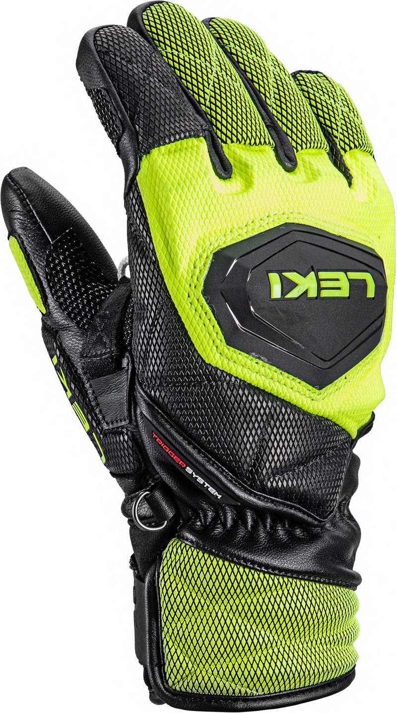 Nahaufnahme des Leki WCR Venom 3D Junior Handschuhs in Schwarz und Eisgrün, Handfläche nach oben.
