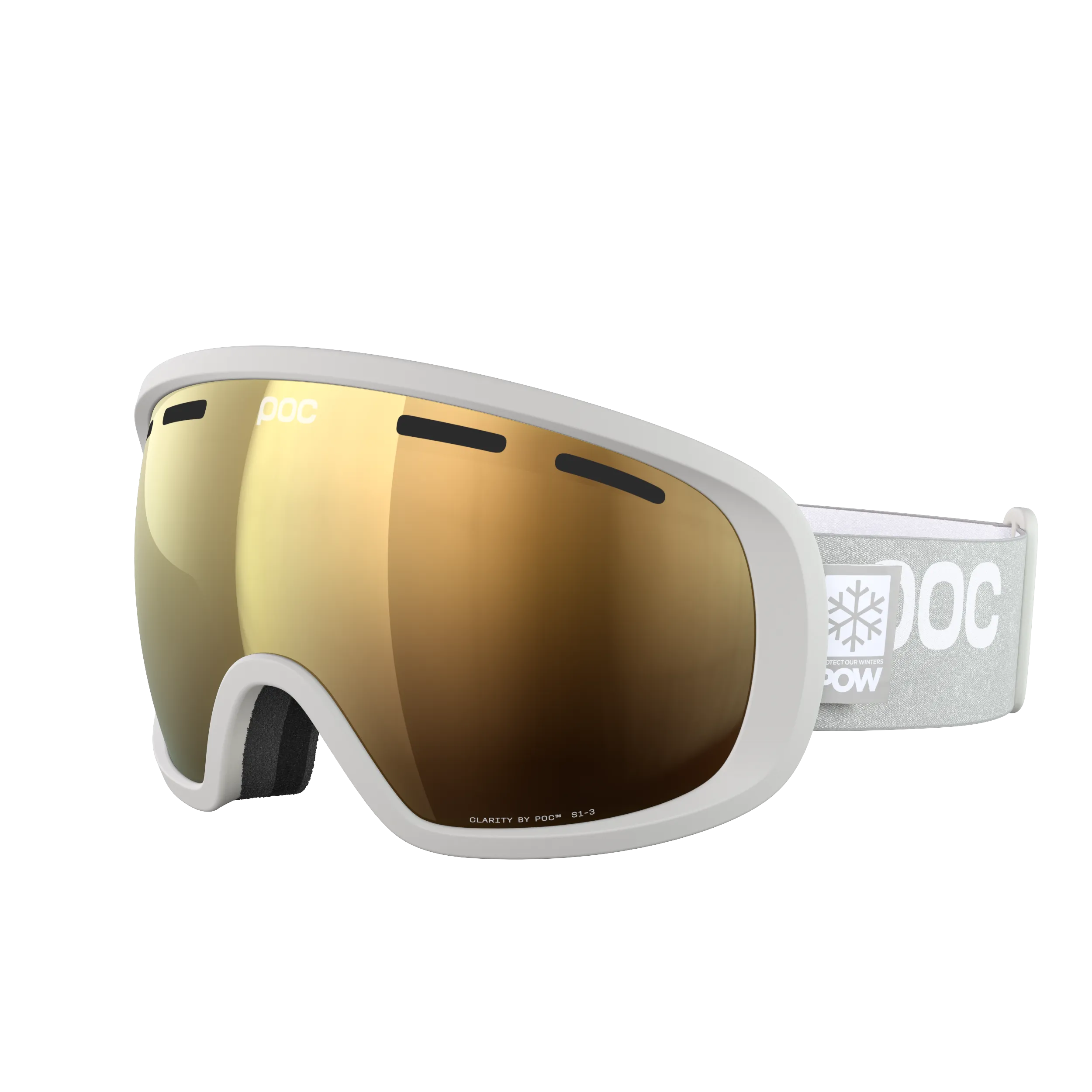Occhiali da sci POC Fovea POW JJ Mineral Grey con lente torica oro-arancio frontale, aste con fiocco di neve.