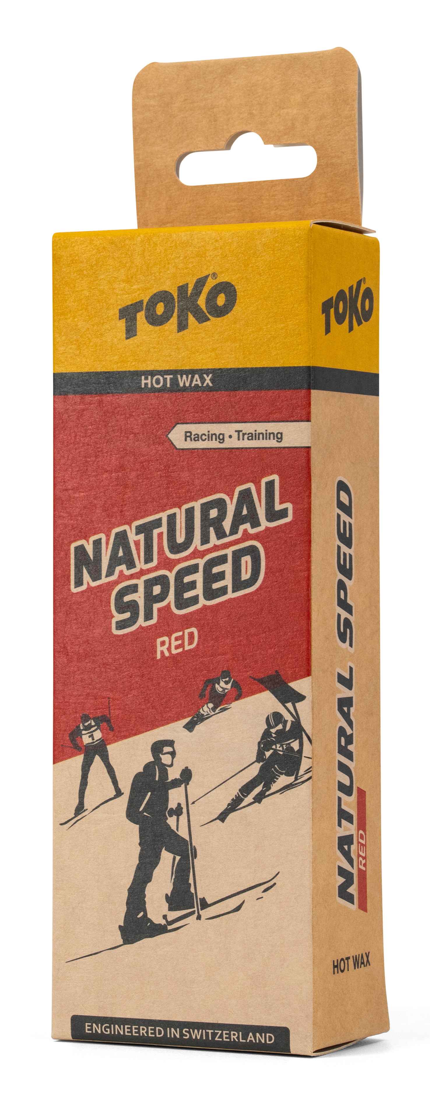 Verpackung des Toko Natural Speed Hot Wax red 120g, mit Skifahrer-Illustrationen.
